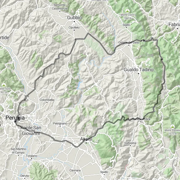 Map miniature of "Epic Road Ride: Perugia to Assisi" cycling inspiration in Umbria, Italy. Generated by Tarmacs.app cycling route planner