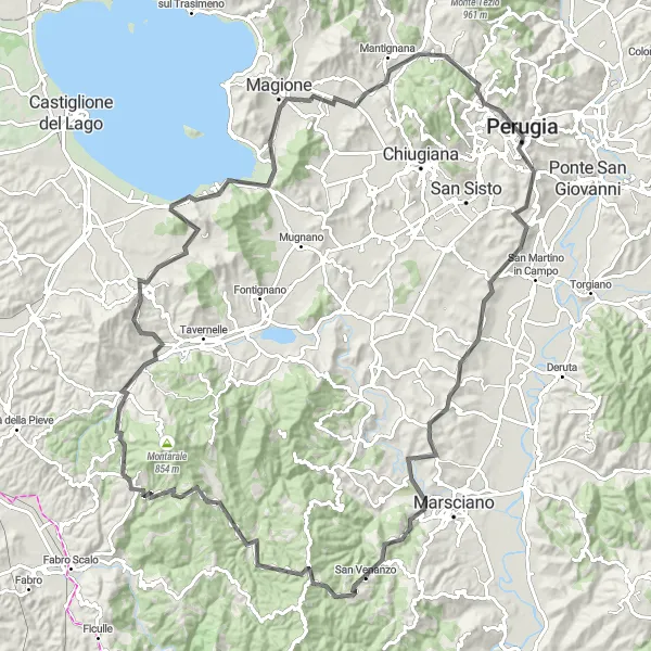 Miniatura della mappa di ispirazione al ciclismo "Umbrian Hills Ride" nella regione di Umbria, Italy. Generata da Tarmacs.app, pianificatore di rotte ciclistiche