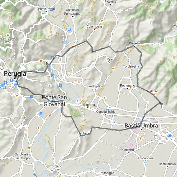 Miniatura della mappa di ispirazione al ciclismo "Giro panoramico a Bastia Umbra" nella regione di Umbria, Italy. Generata da Tarmacs.app, pianificatore di rotte ciclistiche