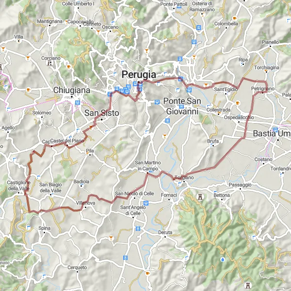 Miniatura della mappa di ispirazione al ciclismo "Tour in bicicletta da Petrignano a Panorama dai Giardini Pubblici" nella regione di Umbria, Italy. Generata da Tarmacs.app, pianificatore di rotte ciclistiche