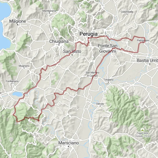 Miniatura della mappa di ispirazione al ciclismo "Esplorazione in bici da Petrignano a Rocca Paolina" nella regione di Umbria, Italy. Generata da Tarmacs.app, pianificatore di rotte ciclistiche