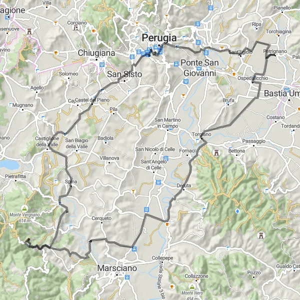 Miniatura della mappa di ispirazione al ciclismo "Itinerario tra Ospedalicchio e San Sisto" nella regione di Umbria, Italy. Generata da Tarmacs.app, pianificatore di rotte ciclistiche