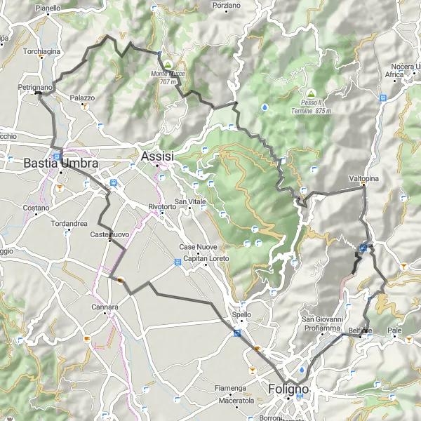 Map miniature of "Col Cacione and Castelnuovo Road Loop" cycling inspiration in Umbria, Italy. Generated by Tarmacs.app cycling route planner