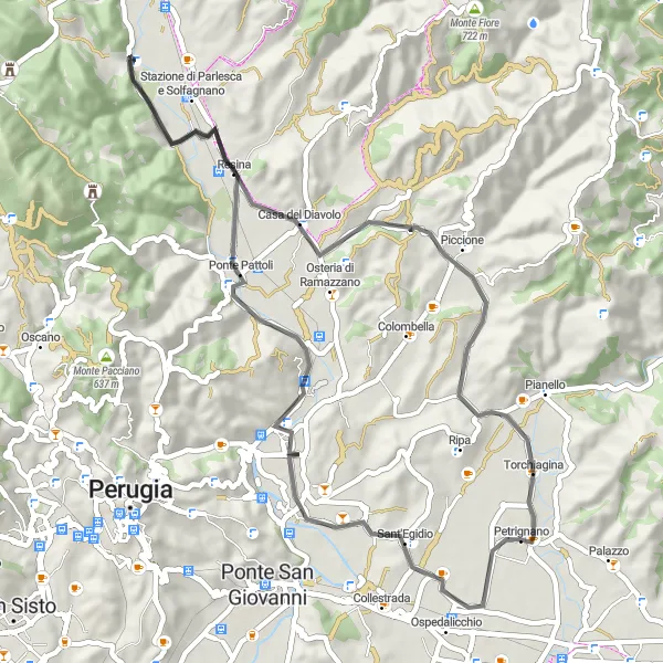 Miniatura della mappa di ispirazione al ciclismo "Giro in bici da Petrignano a Ponte Felcino e Casa del Diavolo" nella regione di Umbria, Italy. Generata da Tarmacs.app, pianificatore di rotte ciclistiche