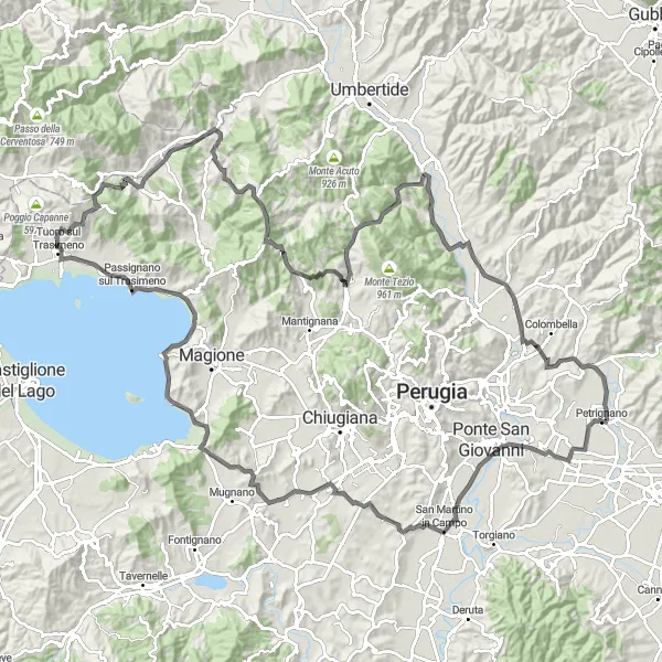 Miniatura della mappa di ispirazione al ciclismo "Scoperta in bici da Petrignano a Lisciano Niccone" nella regione di Umbria, Italy. Generata da Tarmacs.app, pianificatore di rotte ciclistiche