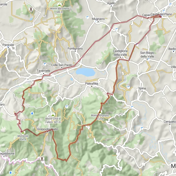 Miniatura della mappa di ispirazione al ciclismo "Esplorazione di Monte Eravone e Tavernelle" nella regione di Umbria, Italy. Generata da Tarmacs.app, pianificatore di rotte ciclistiche