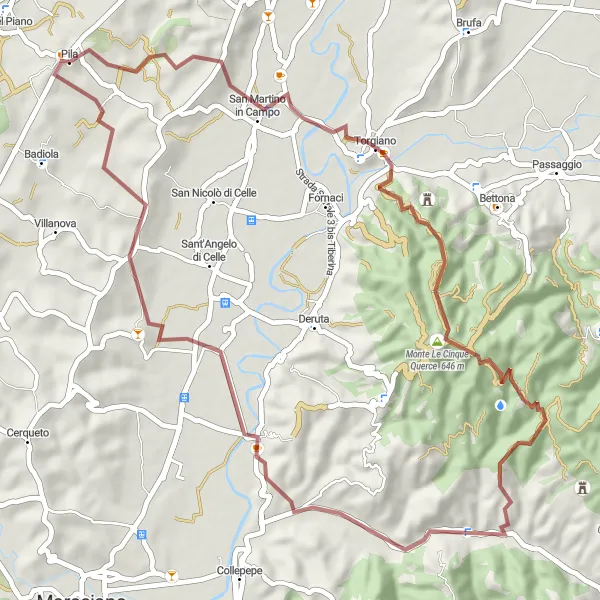 Miniatura della mappa di ispirazione al ciclismo "Avventura in Gravel verso Castello delle Forme" nella regione di Umbria, Italy. Generata da Tarmacs.app, pianificatore di rotte ciclistiche