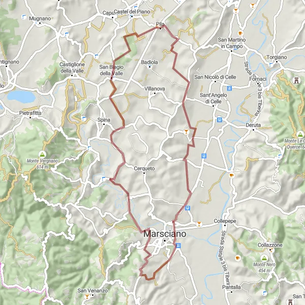 Miniatura della mappa di ispirazione al ciclismo "Giro in Gravel tra Pila e Sant'Enea" nella regione di Umbria, Italy. Generata da Tarmacs.app, pianificatore di rotte ciclistiche