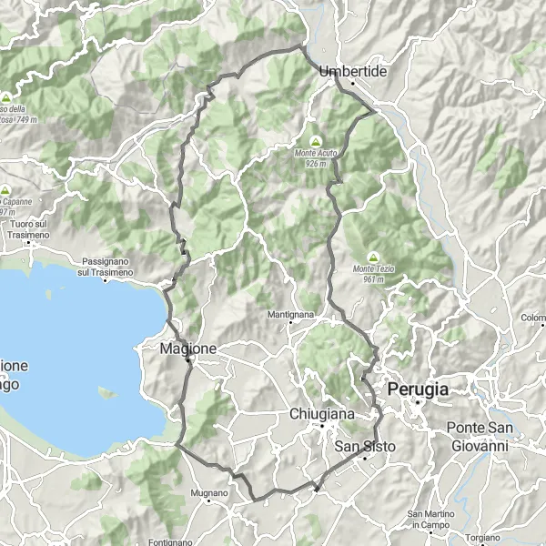 Miniatura della mappa di ispirazione al ciclismo "Da Magione a San Sisto" nella regione di Umbria, Italy. Generata da Tarmacs.app, pianificatore di rotte ciclistiche