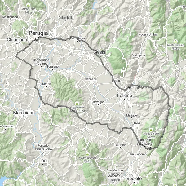 Miniatura della mappa di ispirazione al ciclismo "Da Pila a Assisi" nella regione di Umbria, Italy. Generata da Tarmacs.app, pianificatore di rotte ciclistiche