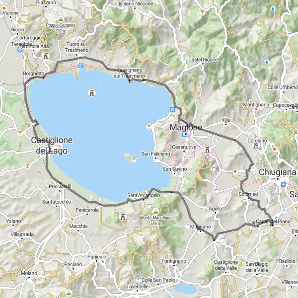 Map miniature of "Pila to Sant'Arcangelo via Borghetto and Monte Ruffiano" cycling inspiration in Umbria, Italy. Generated by Tarmacs.app cycling route planner