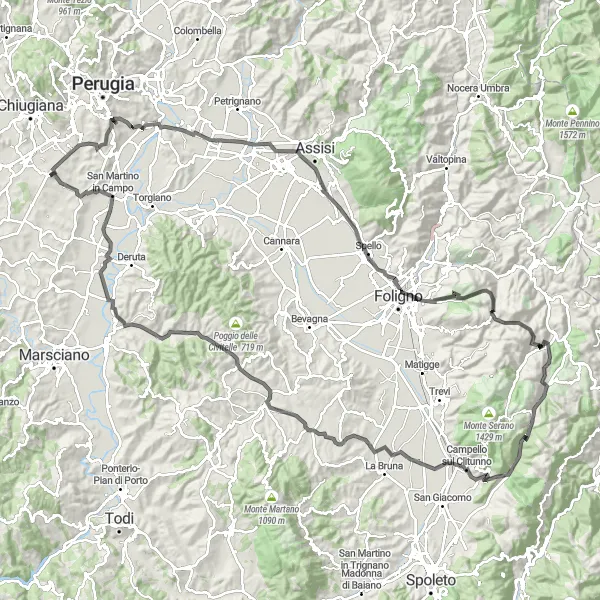 Miniatura della mappa di ispirazione al ciclismo "Ponte di Legno e belvedere sul fiume Tevere" nella regione di Umbria, Italy. Generata da Tarmacs.app, pianificatore di rotte ciclistiche