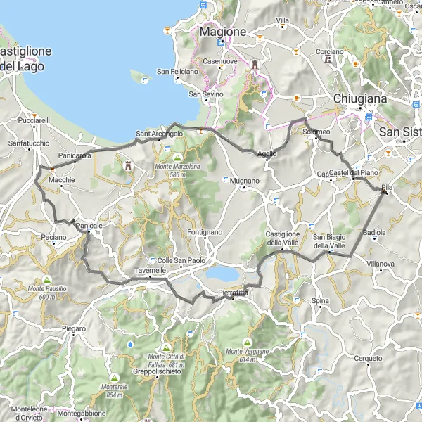 Miniatura della mappa di ispirazione al ciclismo "La Valle di San Biagio e Panicale" nella regione di Umbria, Italy. Generata da Tarmacs.app, pianificatore di rotte ciclistiche