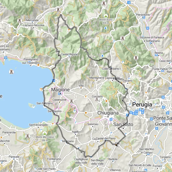 Miniatura della mappa di ispirazione al ciclismo "Tra Poggio delle Corti e San Sisto" nella regione di Umbria, Italy. Generata da Tarmacs.app, pianificatore di rotte ciclistiche