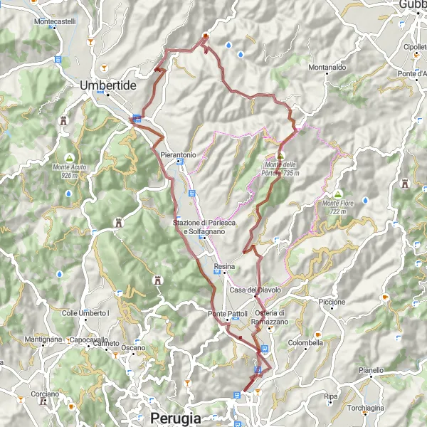 Miniatura della mappa di ispirazione al ciclismo "Esplorazione in bicicletta nella natura umbra" nella regione di Umbria, Italy. Generata da Tarmacs.app, pianificatore di rotte ciclistiche