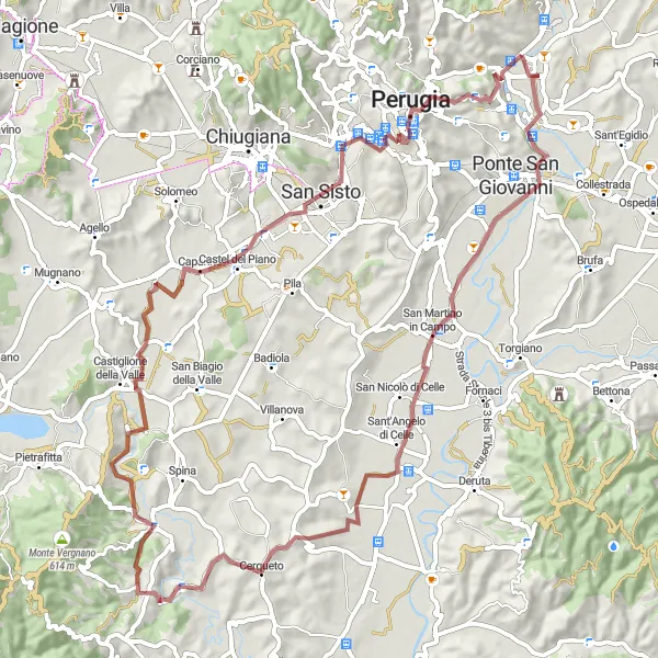 Miniatura della mappa di ispirazione al ciclismo "Giro in bicicletta fino a Perugia e Porta Sole" nella regione di Umbria, Italy. Generata da Tarmacs.app, pianificatore di rotte ciclistiche