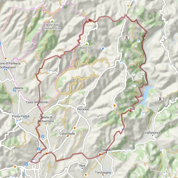 Miniatura della mappa di ispirazione al ciclismo "Escursione in bicicletta sulle strade sterrate fino a Monte Fiore" nella regione di Umbria, Italy. Generata da Tarmacs.app, pianificatore di rotte ciclistiche