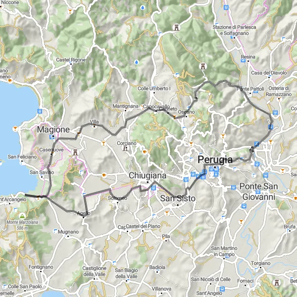 Miniatura della mappa di ispirazione al ciclismo "Tour in bicicletta attraverso le meraviglie dell'Umbria" nella regione di Umbria, Italy. Generata da Tarmacs.app, pianificatore di rotte ciclistiche