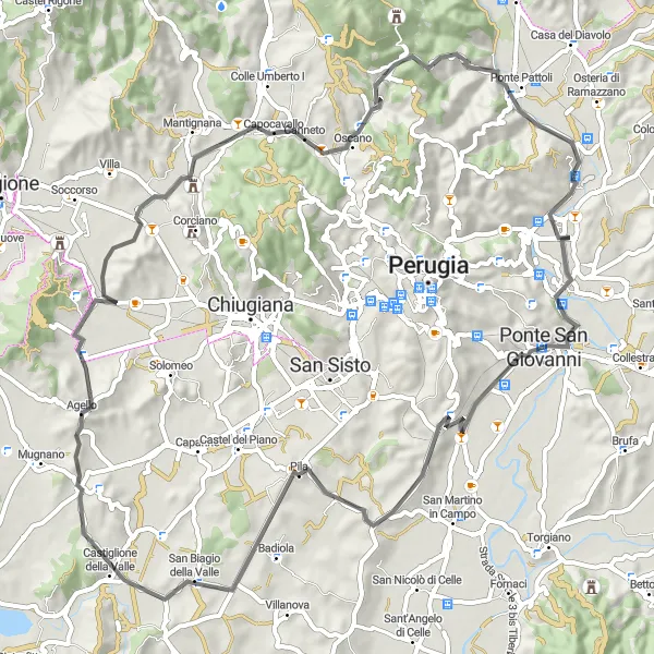 Map miniature of "Tevere River Loop" cycling inspiration in Umbria, Italy. Generated by Tarmacs.app cycling route planner