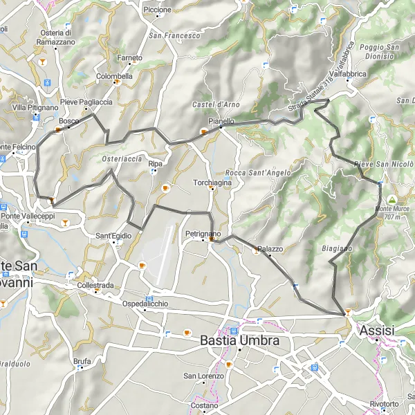 Miniatura della mappa di ispirazione al ciclismo "Giro in bicicletta fino a Villa Pitignano" nella regione di Umbria, Italy. Generata da Tarmacs.app, pianificatore di rotte ciclistiche