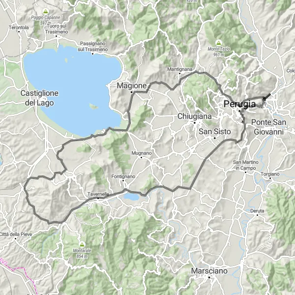 Map miniature of "Historical Sites and Hilltop Villages" cycling inspiration in Umbria, Italy. Generated by Tarmacs.app cycling route planner