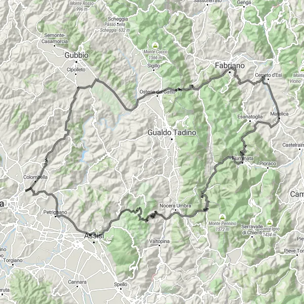Miniatura della mappa di ispirazione al ciclismo "Avventuroso giro in bicicletta attraverso le colline umbre" nella regione di Umbria, Italy. Generata da Tarmacs.app, pianificatore di rotte ciclistiche
