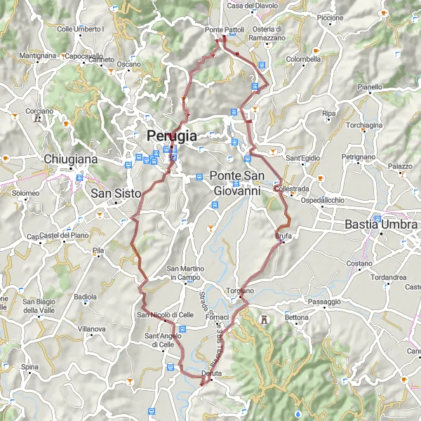 Miniatura della mappa di ispirazione al ciclismo "Avventura Gravel da Ponte Felcino a Porta Sole" nella regione di Umbria, Italy. Generata da Tarmacs.app, pianificatore di rotte ciclistiche