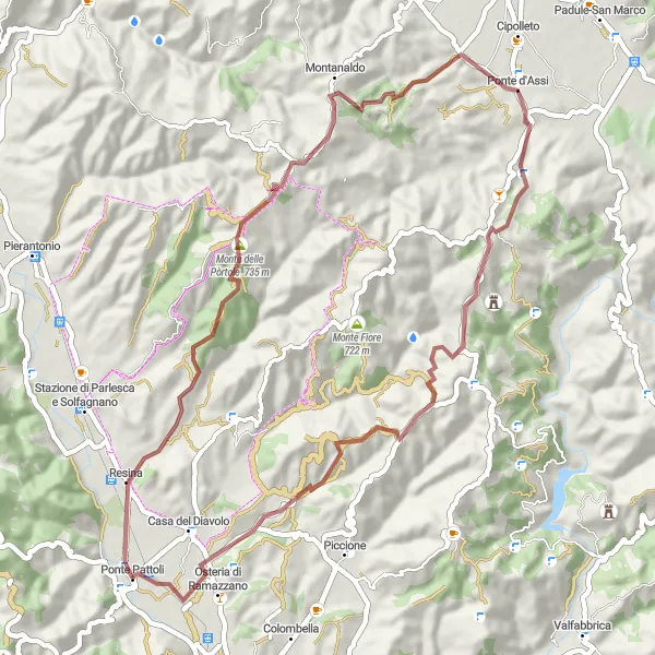 Miniatura della mappa di ispirazione al ciclismo "Gravel Road to Monte delle Pòrtole" nella regione di Umbria, Italy. Generata da Tarmacs.app, pianificatore di rotte ciclistiche