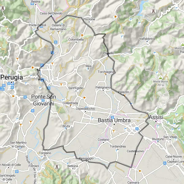 Miniatura della mappa di ispirazione al ciclismo "Casa del Diavolo e Ritorno" nella regione di Umbria, Italy. Generata da Tarmacs.app, pianificatore di rotte ciclistiche