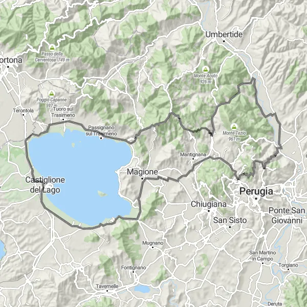 Miniatura della mappa di ispirazione al ciclismo "Giro in bicicletta Monte Pacciano" nella regione di Umbria, Italy. Generata da Tarmacs.app, pianificatore di rotte ciclistiche