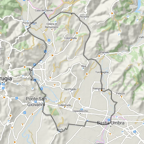 Map miniature of "The Devilish Hills Loop" cycling inspiration in Umbria, Italy. Generated by Tarmacs.app cycling route planner