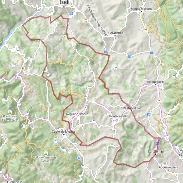 Miniatura della mappa di ispirazione al ciclismo "Tra le Colline di San Gemini" nella regione di Umbria, Italy. Generata da Tarmacs.app, pianificatore di rotte ciclistiche