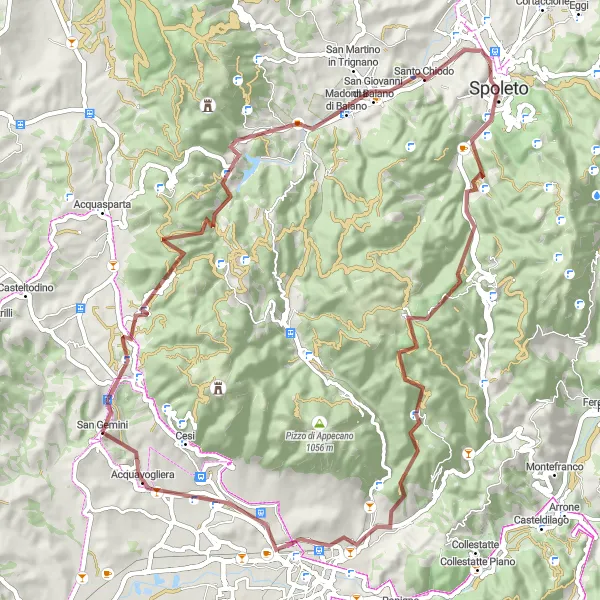 Miniatura della mappa di ispirazione al ciclismo "Avventuroso tour in gravel da San Gemini a Terni" nella regione di Umbria, Italy. Generata da Tarmacs.app, pianificatore di rotte ciclistiche