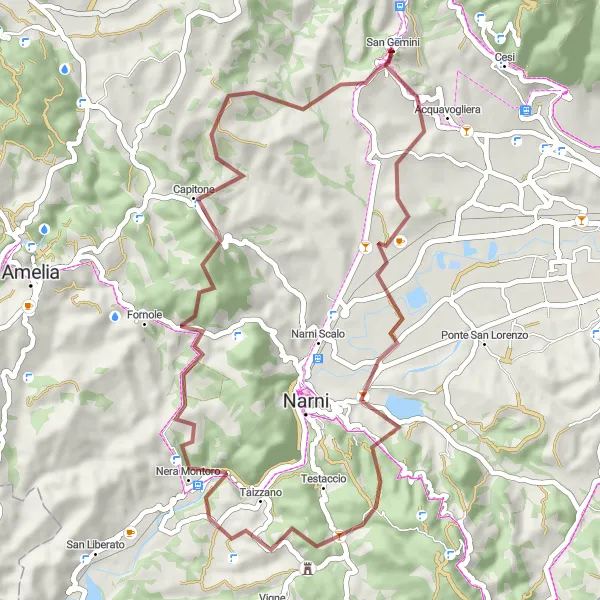 Map miniature of "The Scenic Gravel Loop of San Gemini" cycling inspiration in Umbria, Italy. Generated by Tarmacs.app cycling route planner