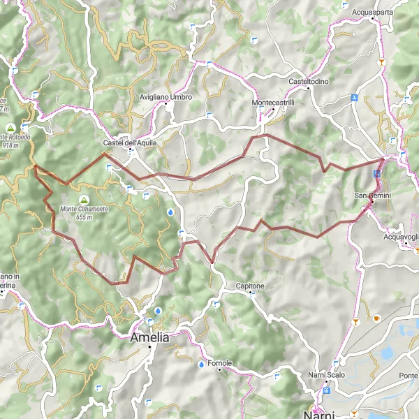 Miniatura della mappa di ispirazione al ciclismo "Esplorazione gravel di San Gemini e dintorni" nella regione di Umbria, Italy. Generata da Tarmacs.app, pianificatore di rotte ciclistiche