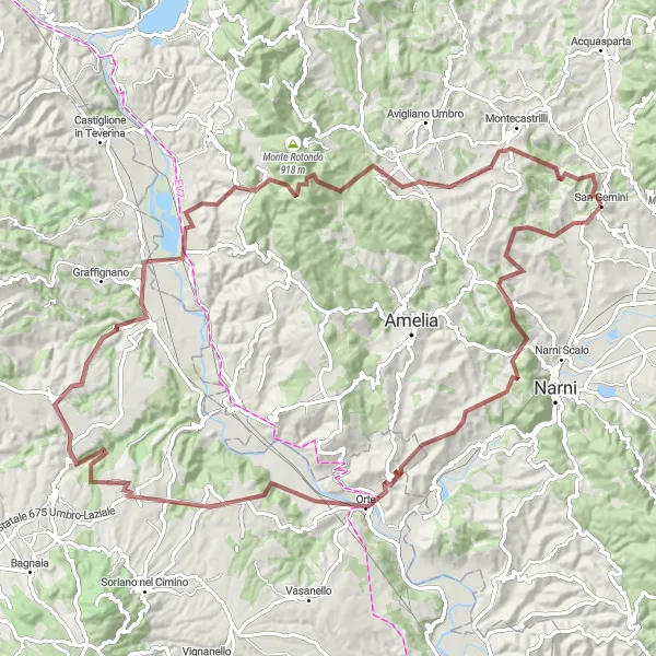 Miniatura della mappa di ispirazione al ciclismo "Gran tour dei Borghi Medievali dell'Umbria" nella regione di Umbria, Italy. Generata da Tarmacs.app, pianificatore di rotte ciclistiche