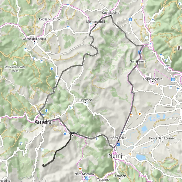 Miniatura della mappa di ispirazione al ciclismo "Passeggiata ciclistica da Narni a San Gemini" nella regione di Umbria, Italy. Generata da Tarmacs.app, pianificatore di rotte ciclistiche