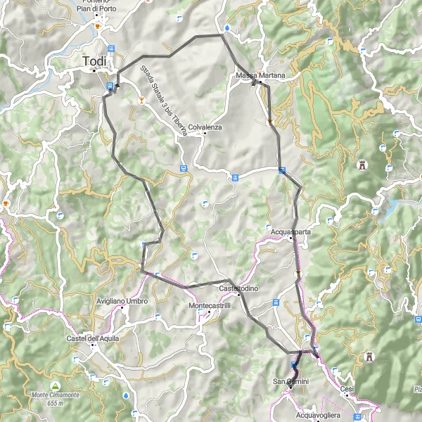 Miniatura della mappa di ispirazione al ciclismo "Esplorazione del cuore verde d'Italia" nella regione di Umbria, Italy. Generata da Tarmacs.app, pianificatore di rotte ciclistiche