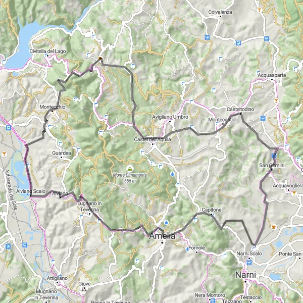 Map miniature of "Mountains and Valleys" cycling inspiration in Umbria, Italy. Generated by Tarmacs.app cycling route planner