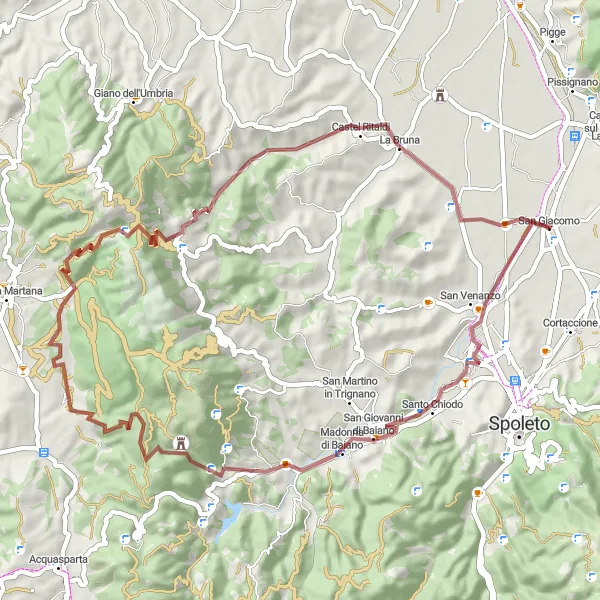 Map miniature of "Off-Road Serenity: San Giovanni di Baiano to La Bruna" cycling inspiration in Umbria, Italy. Generated by Tarmacs.app cycling route planner