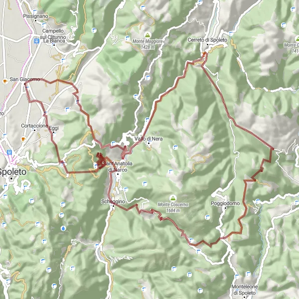 Miniatura della mappa di ispirazione al ciclismo "Tour Gravel Monte Pelato" nella regione di Umbria, Italy. Generata da Tarmacs.app, pianificatore di rotte ciclistiche