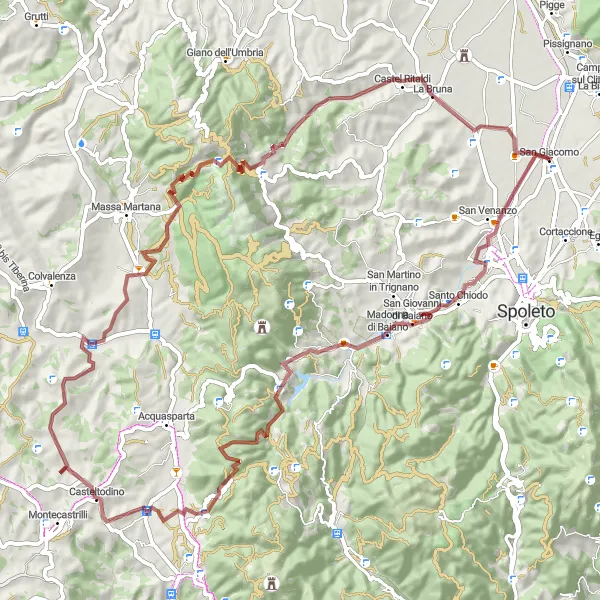 Miniatura della mappa di ispirazione al ciclismo "Tour di gravel da San Giacomo a Monte Martano" nella regione di Umbria, Italy. Generata da Tarmacs.app, pianificatore di rotte ciclistiche