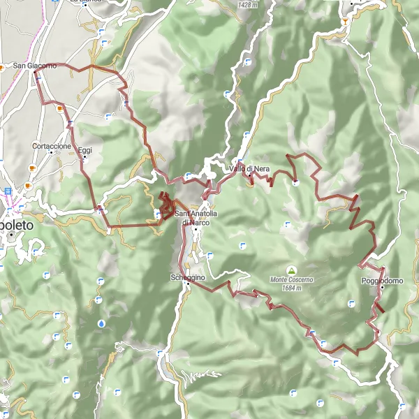 Miniatura della mappa di ispirazione al ciclismo "Giro Gravel Monte Giove" nella regione di Umbria, Italy. Generata da Tarmacs.app, pianificatore di rotte ciclistiche