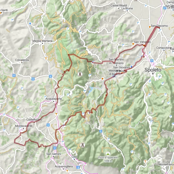 Miniatura della mappa di ispirazione al ciclismo "Giro in Gravel intorno a San Giacomo" nella regione di Umbria, Italy. Generata da Tarmacs.app, pianificatore di rotte ciclistiche