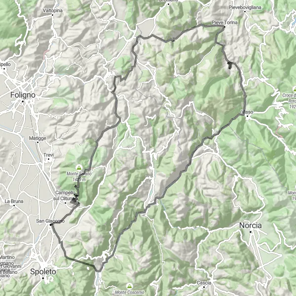 Map miniature of "Umbrian Alps Challenge" cycling inspiration in Umbria, Italy. Generated by Tarmacs.app cycling route planner