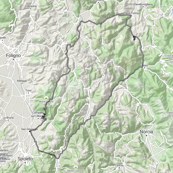 Miniatura della mappa di ispirazione al ciclismo "Giro in Bici su Strada tra Poreta e Colle Cesa Lunga" nella regione di Umbria, Italy. Generata da Tarmacs.app, pianificatore di rotte ciclistiche