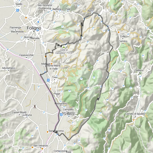 Map miniature of "The Undulating Terrains of Matigge and Monte Molino" cycling inspiration in Umbria, Italy. Generated by Tarmacs.app cycling route planner
