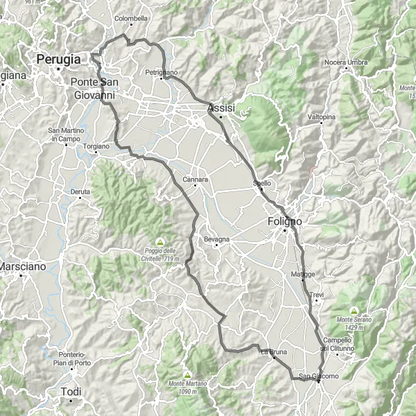 Miniatura della mappa di ispirazione al ciclismo "Giro in bicicletta da San Giacomo" nella regione di Umbria, Italy. Generata da Tarmacs.app, pianificatore di rotte ciclistiche