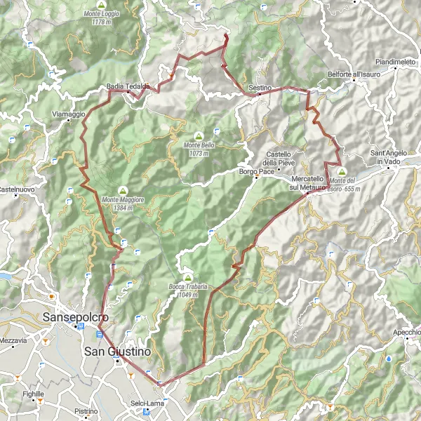 Miniatura della mappa di ispirazione al ciclismo "Cicloavventura tra Monte Cucco e San Giustino" nella regione di Umbria, Italy. Generata da Tarmacs.app, pianificatore di rotte ciclistiche