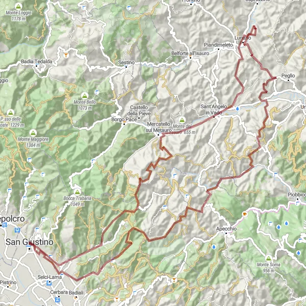 Map miniature of "Apennine Gravel Expedition" cycling inspiration in Umbria, Italy. Generated by Tarmacs.app cycling route planner